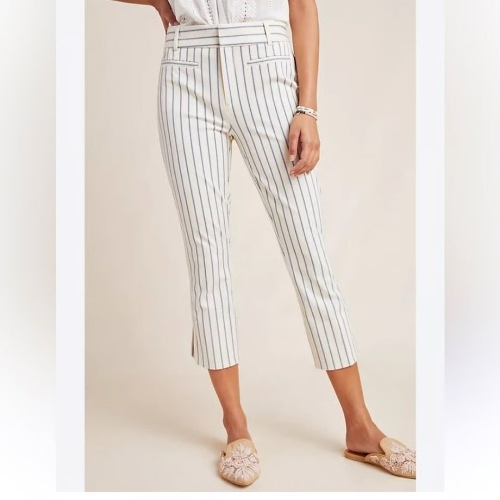 Anthropologie Essential Striped Slim Trousers Blue Cream Cropped Size 4
